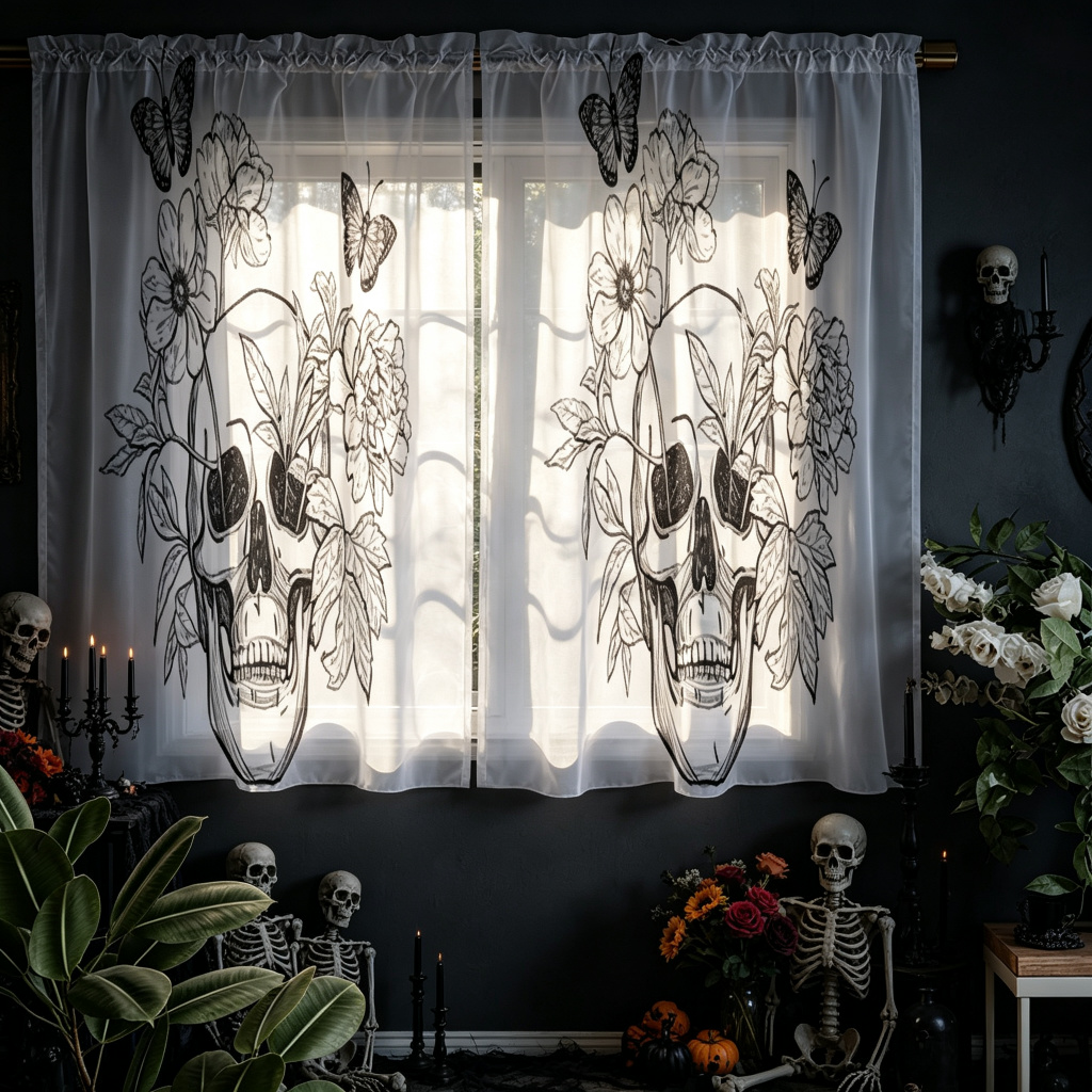 Curtain Rods - 2 buah gorden transparan bermotif tengkorak